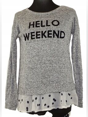 (A2) Epic Threads "Hello Weekend" Sweatshirt Gray Polka Dot Hem Girls XL 14/16